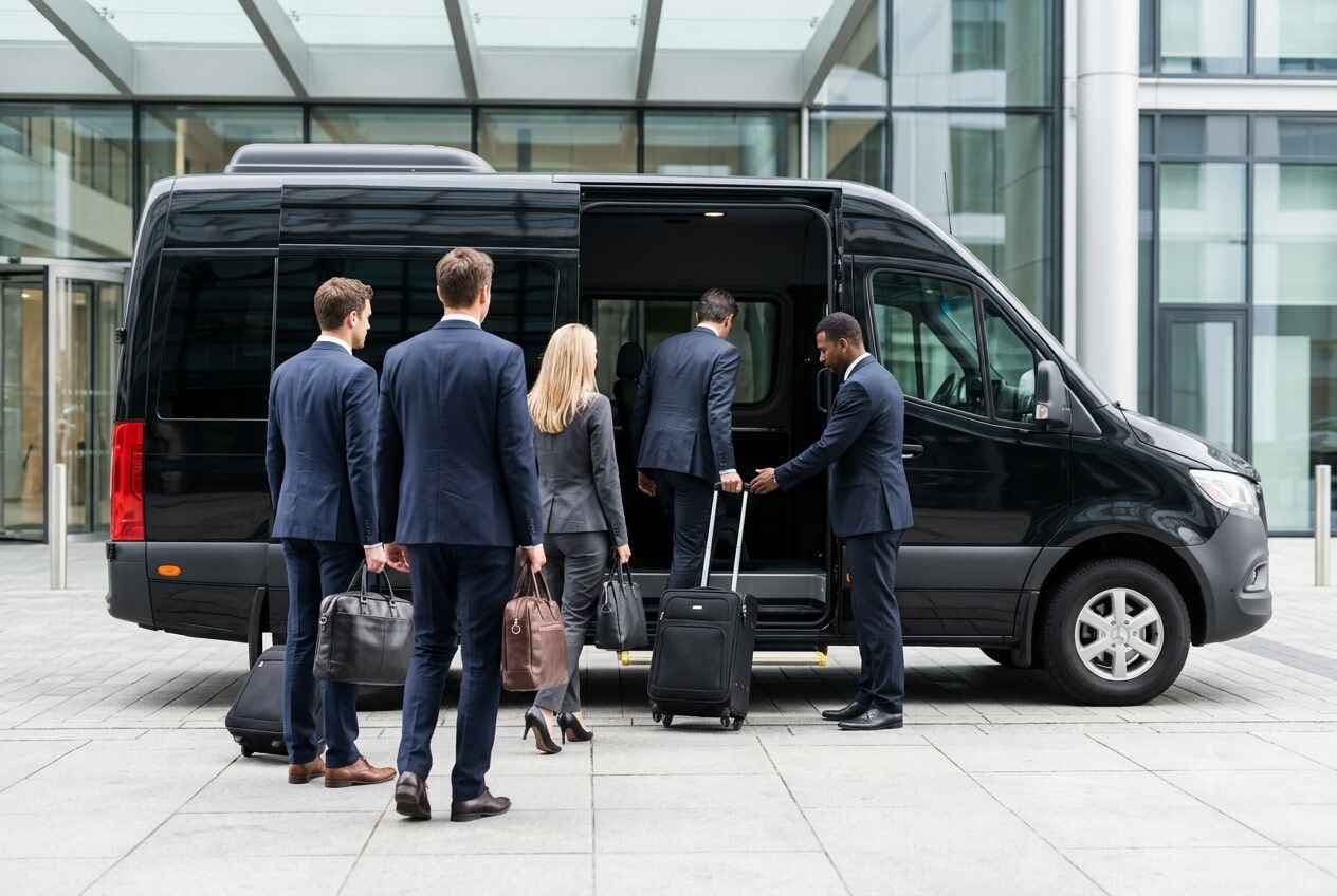 Business travelers boarding an Ambassador Buses Mercedes Sprinter van with luggage
