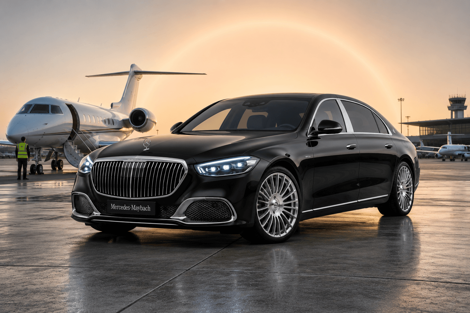 Ambassador Buses Mercedes-Maybach airport transportation vehicle with private jet
